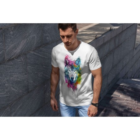 Maglietta bianca con stampa testa del lupo colorata con schizzi di pit
