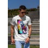White t-shirt with colorful dog print with paint splashes