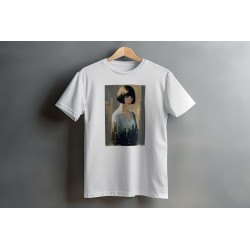 White t-shirt with print of illustrated girl with brown hair
