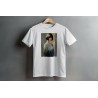White t-shirt with print of illustrated girl with brown hair