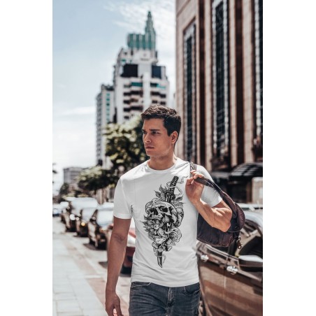 Maglietta bianca con stampa  teschio con katana