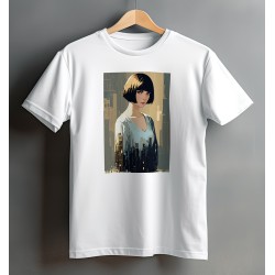 White t-shirt with print of illustrated girl with brown hair
