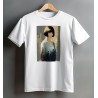 White t-shirt with print of illustrated girl with brown hair