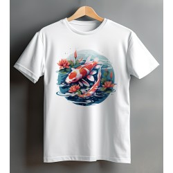White t-shirt with skeleton with koi fish