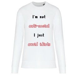 White crewneck sweatshirt with "I'm not anti-social" print