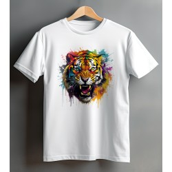 White t-shirt with skeleton with colorful tiger head with paint splash