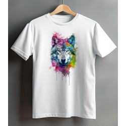 Maglietta bianca con stampa testa del lupo colorata con schizzi di pit