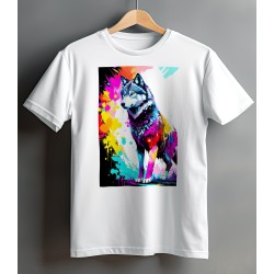 White t-shirt with colorful dog print with paint splashes