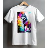 White t-shirt with colorful dog print with paint splashes