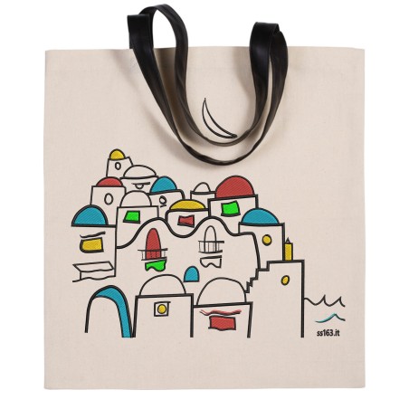 shopper canvas con manico in similpelle con ricamo a 5 colori