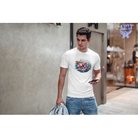 White t-shirt with skeleton with koi fish