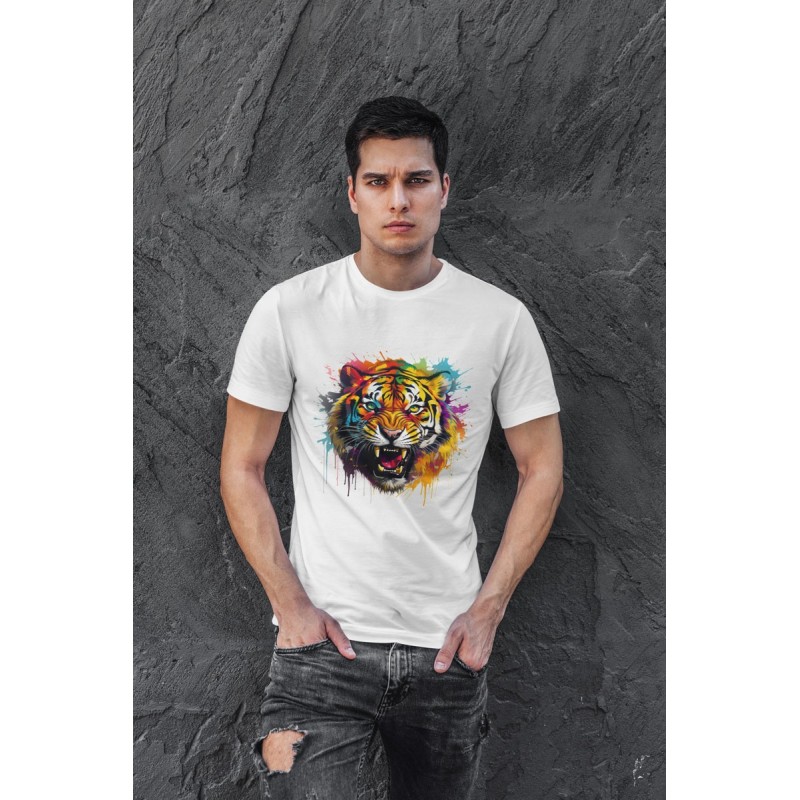 White t-shirt with colorful tiger head with paint splashes